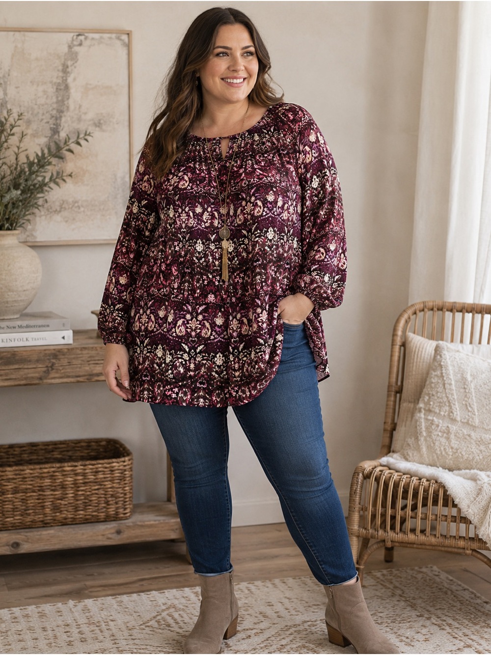 J. Jill Burgundy Floral Peasant Blouse